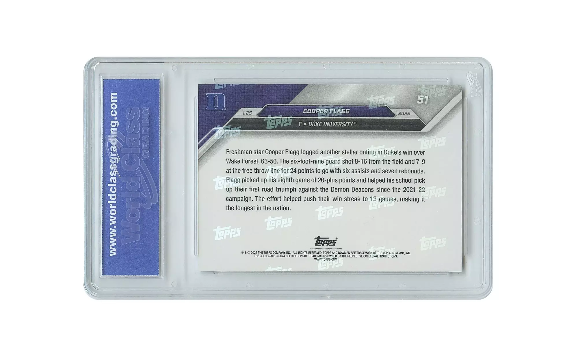 2024 Topps COOPER FLAGG Rookie Card #51 Longest Win Streak in Nation Gem-Mint 10 - Second Medium