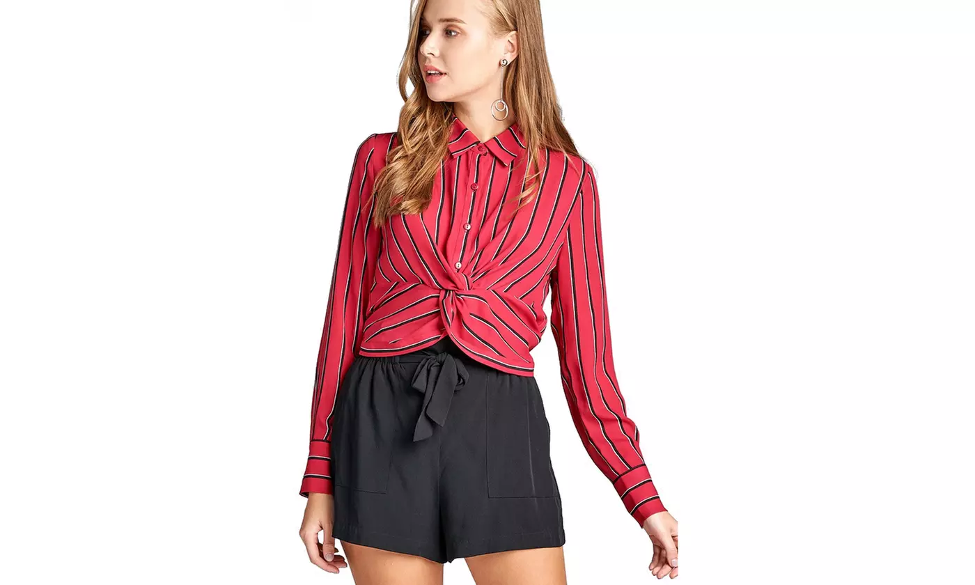 Ladies long sleeve front button w/twisted detail stripe print woven shirt - Second Medium