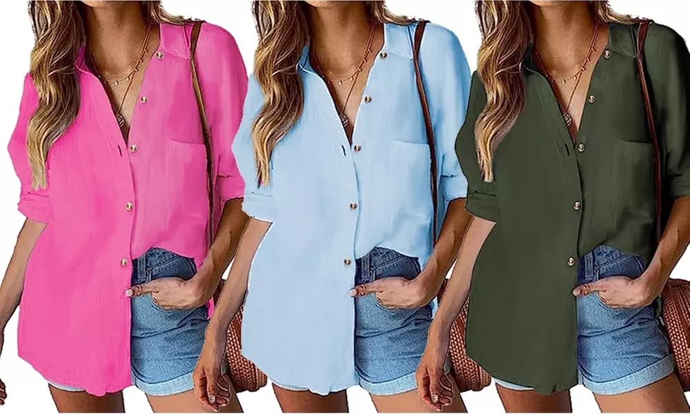 Dazajoo Casual V Neck Button Down Shirts For Women Summer Solid Color Short Sleeve Blouse Tops 2024 Womens Comfy Loose Cotton Linen Lapel Neck Tunics Brown Xx
