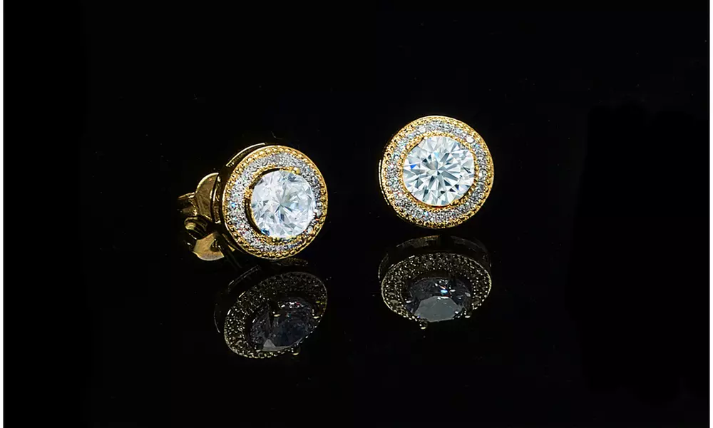 Round Cut Halo Stud Earrings in 14K Gold Plating Made with Cubic Zirconia Stones