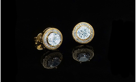 Round Cut Halo Stud Earrings In 14K Gold Plating Made With Cubic Zirconia Stones Brass Crystal