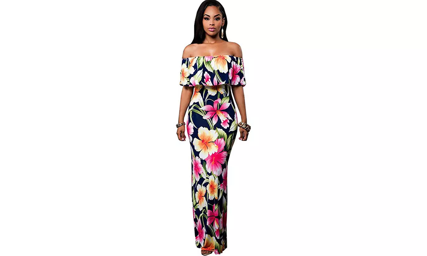 Women Short Sleeve Casual Floral Print O-Neck Slim Maxi Dresses - Second Medium