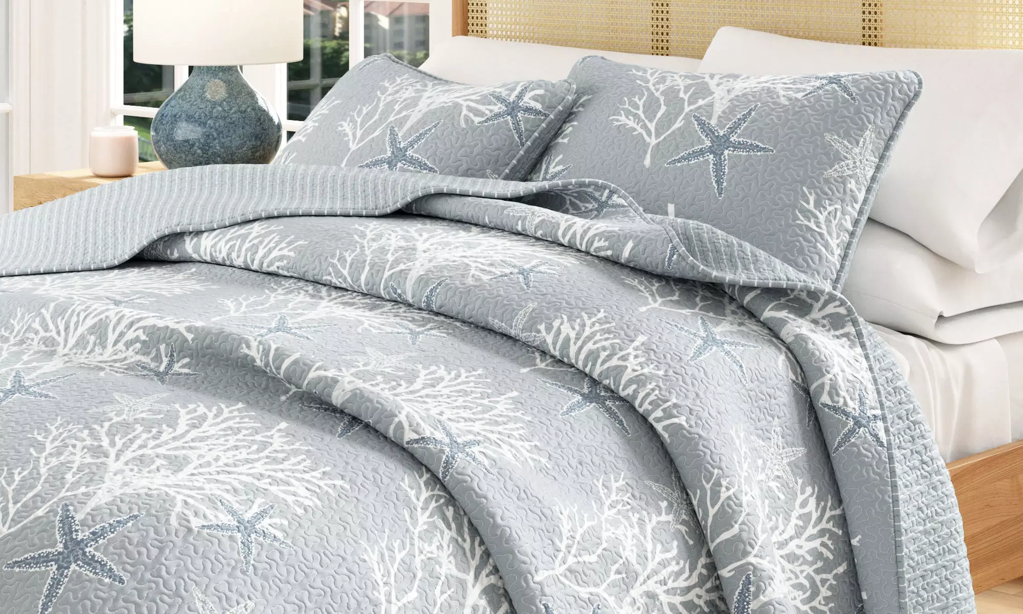 FreshFolds Reversible Coastal Themed Quilt Set (2- or 3-Piece) Seaside Escape