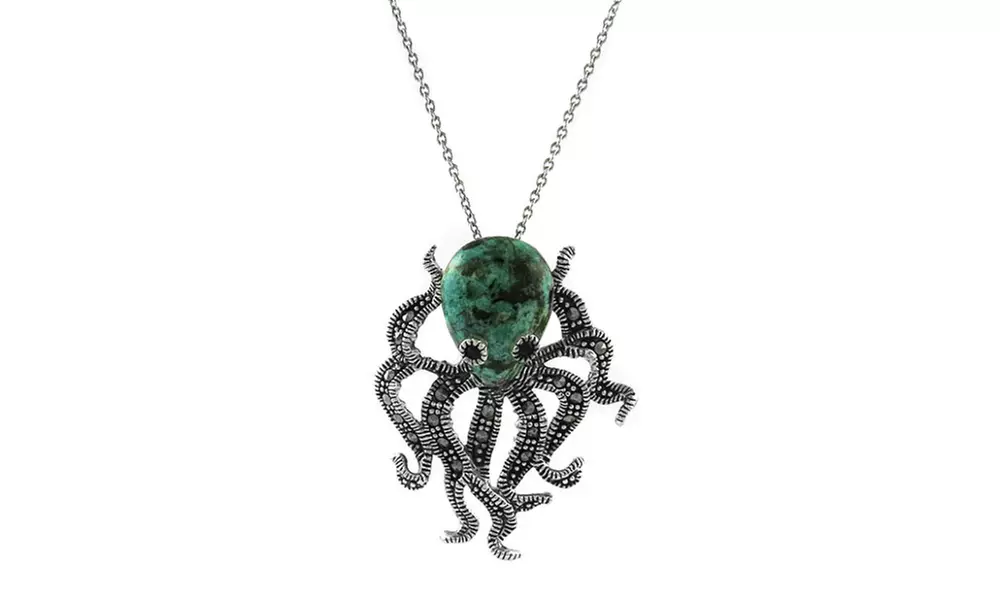 Genuine Turquoise and Marcasite Sterling Silver Octopos Necklace - Primary Image