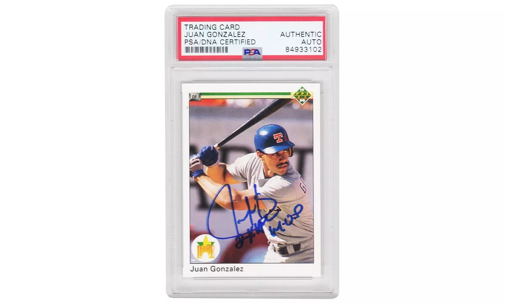 Juan Gonzalez Signed Rangers 1990 UD Rookie Baseball Card #72 w/2xMVP -(PSA/DNA) - Primary Image