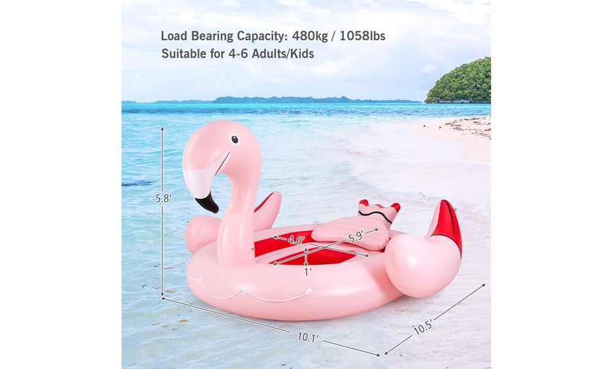 Image 7: 6-Person Inflatable Island Party Floating Flamingo with Electric Pump