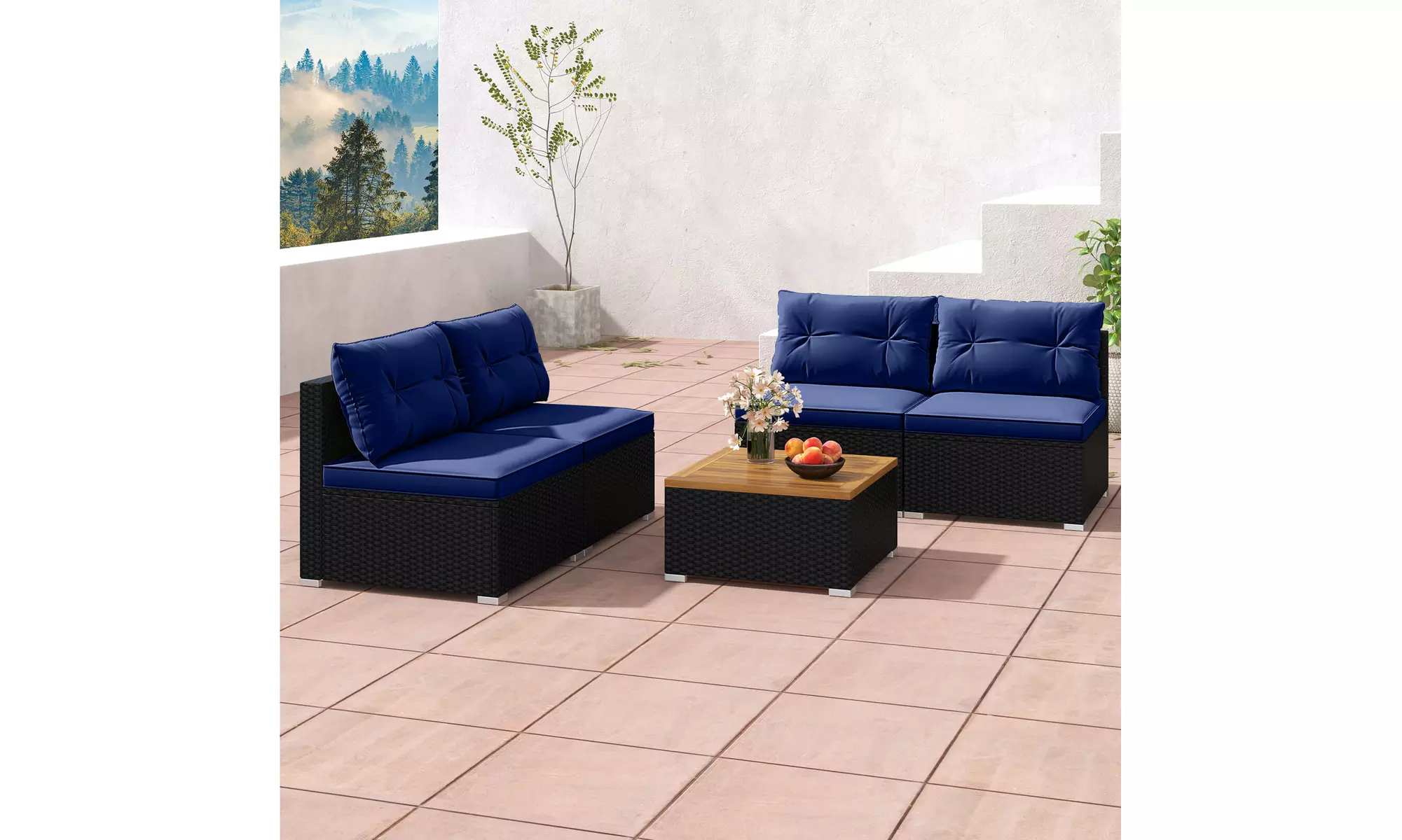 5 Piece Patio Rattan Furniture Set Acacia Wood Table Top Sofa Cushion Deck