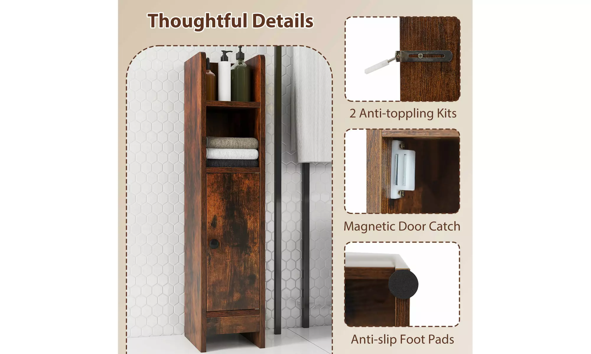 Costway Bathroom Storage Cabinet with Adjustable Shelf 1 Door & 2 Open Shelves