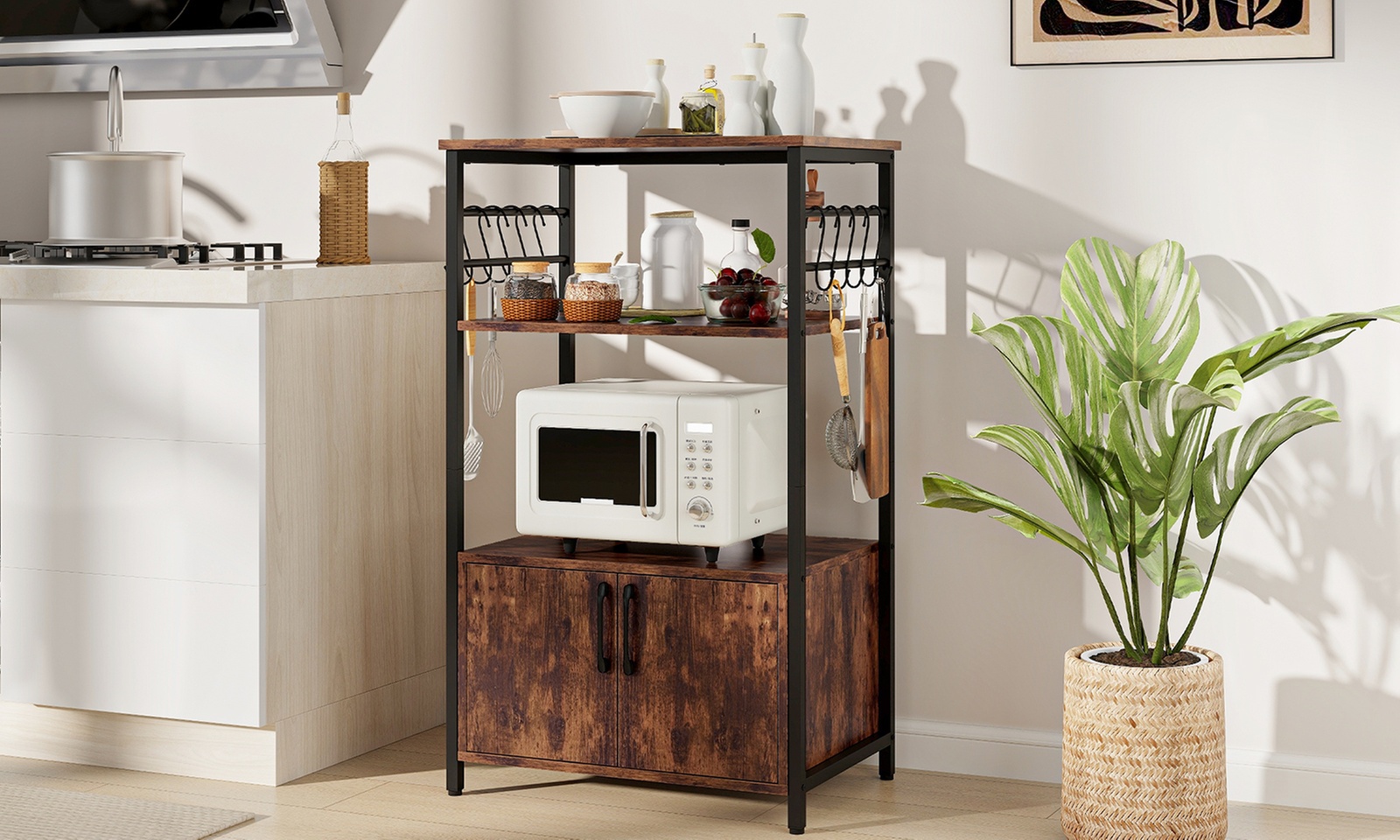 Costway 3-Tier Baker's Rack with a Cabinet, 2 Open Shelves and 10 S-Shaped Hooks