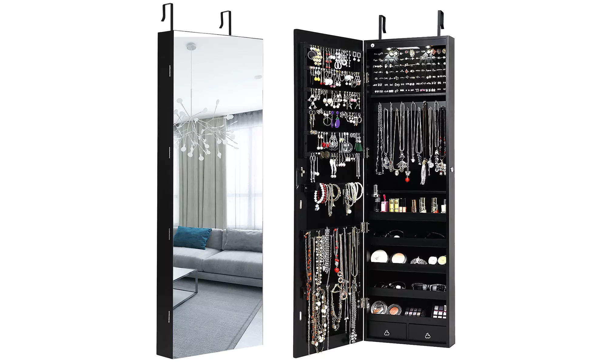 Mirrored Wall & Door Mounted Jewelry Cabinet Storage Organizer W/ Lights&Drawer