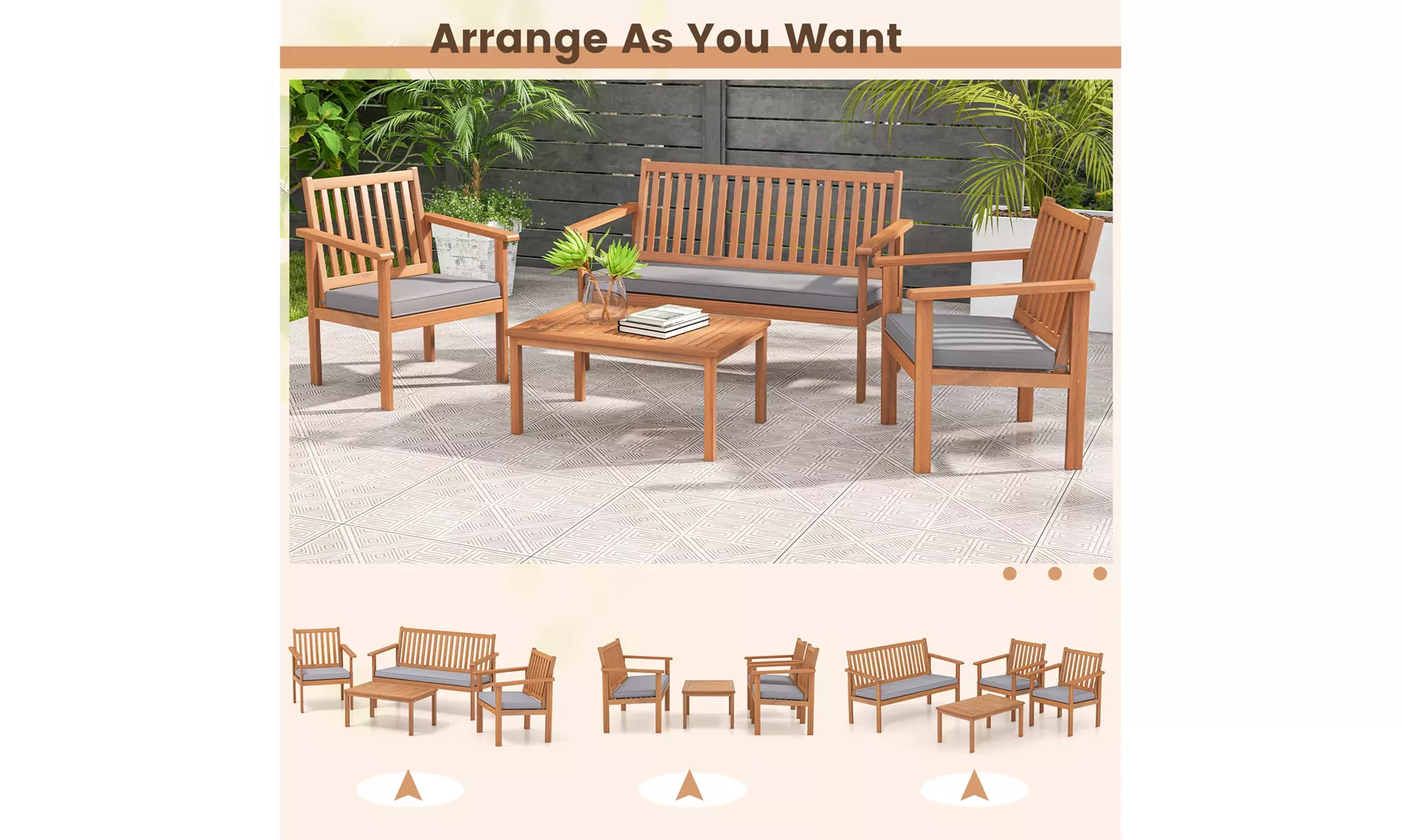 Costway 4 PCS Patio Wood Furniture Set with Loveseat, 2 Chairs & Coffee Table