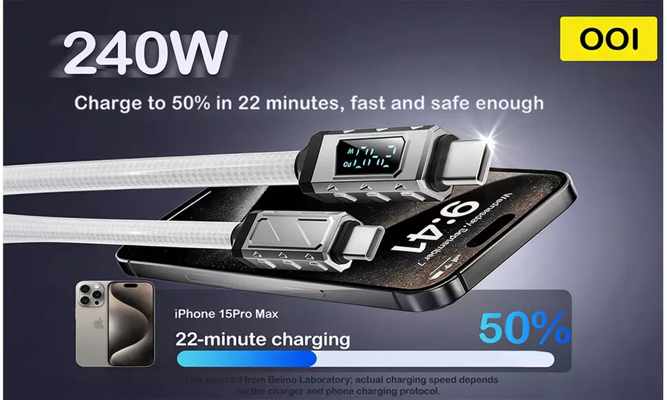 240W Fast Charging Cable with Smart Power Display, Braided Durable Cable