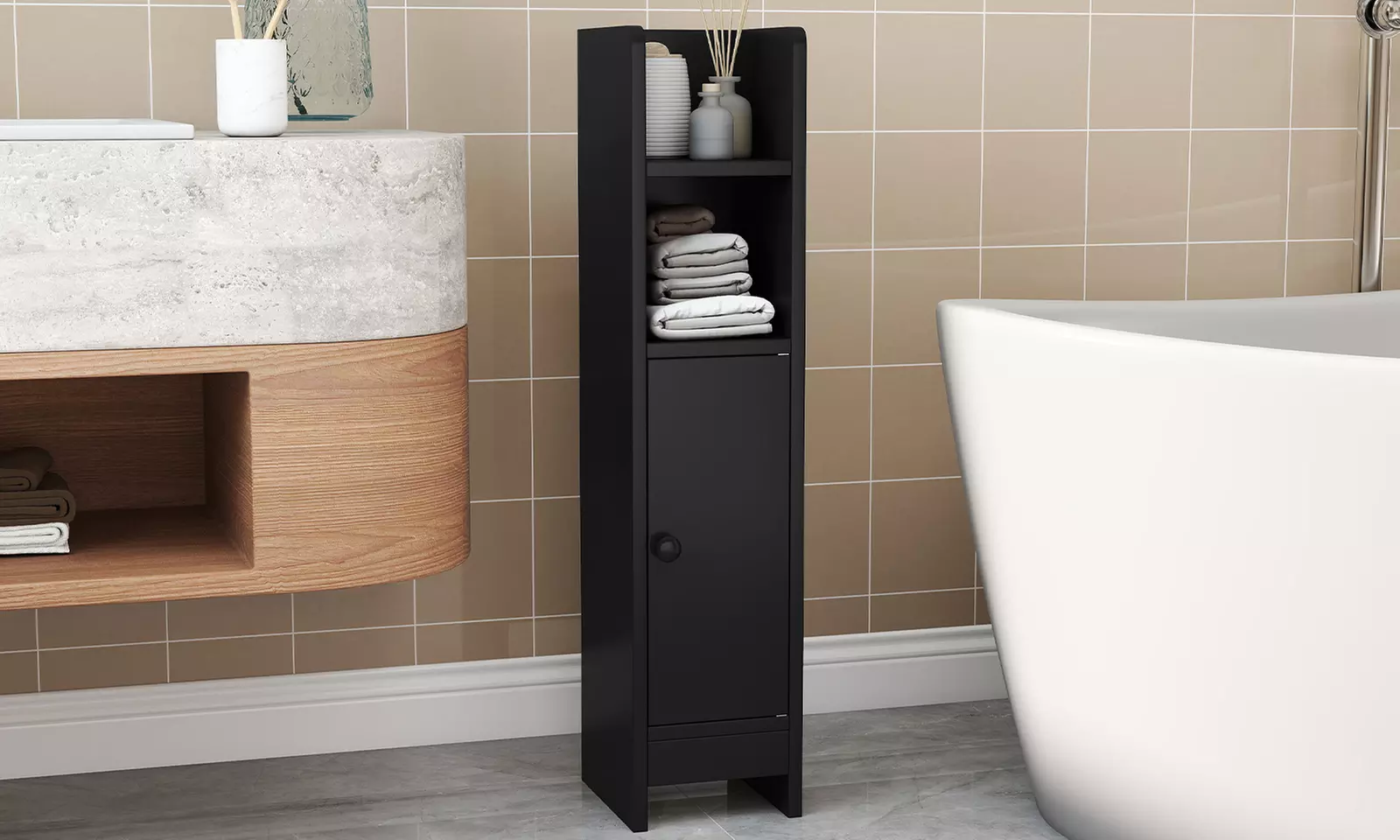 Costway Bathroom Storage Cabinet with Adjustable Shelf 1 Door & 2 Open Shelves
