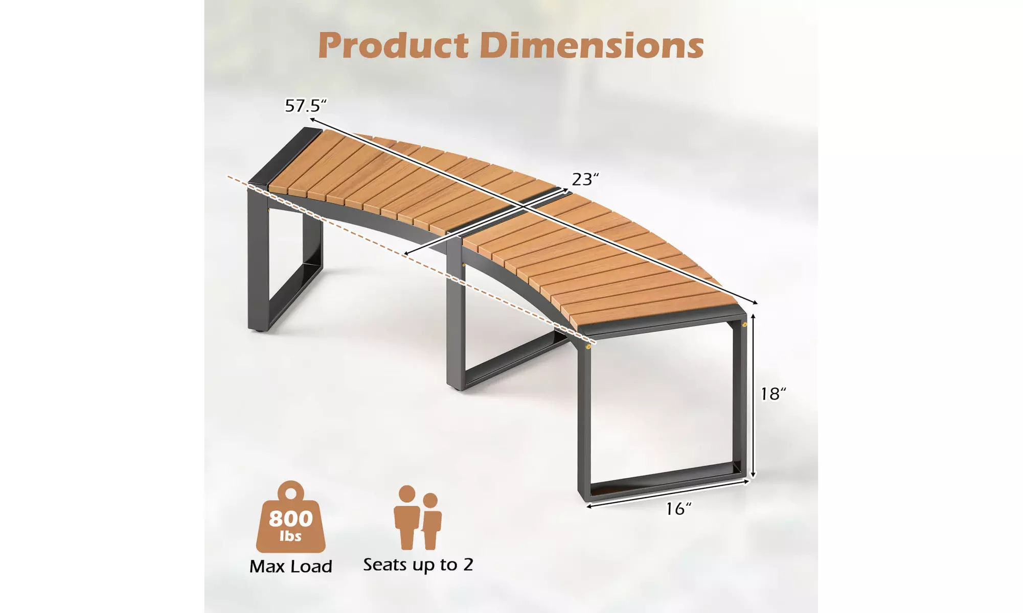 Costway Backless 2-Person Patio Curved Bench with Slatted Seat and Metal Legs