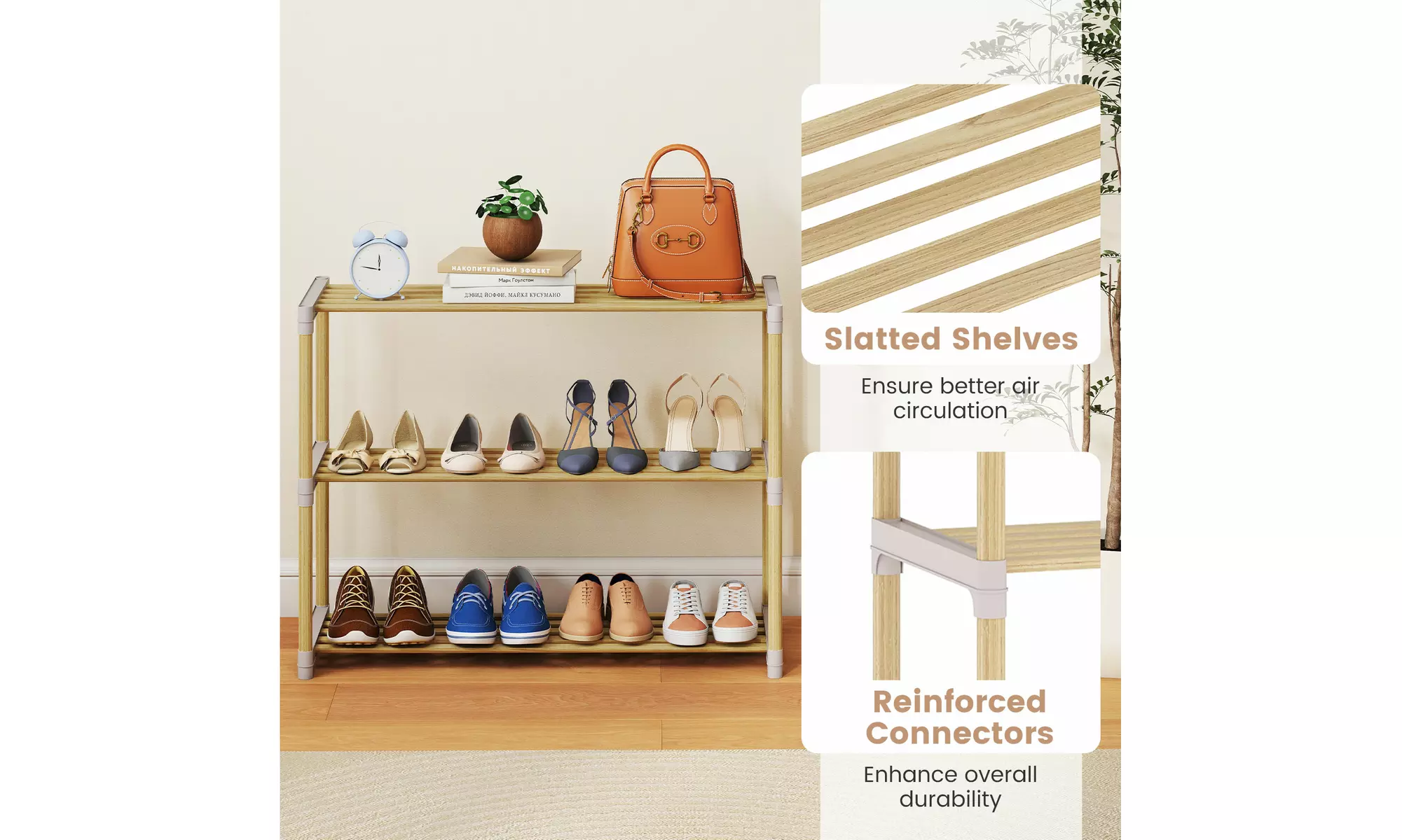 Costway Solid Wood Shoe Shelf Stand with Slatted Open Shelves for Entryway