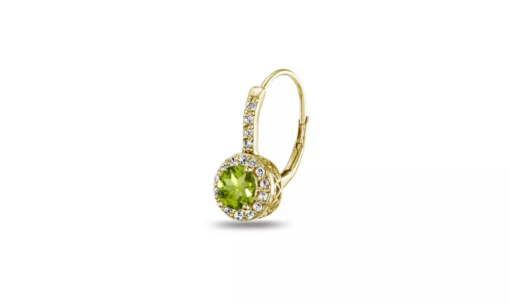 Peridot & White Topaz Round Halo Leverback Earrings in Gold Flash 925 Silver
