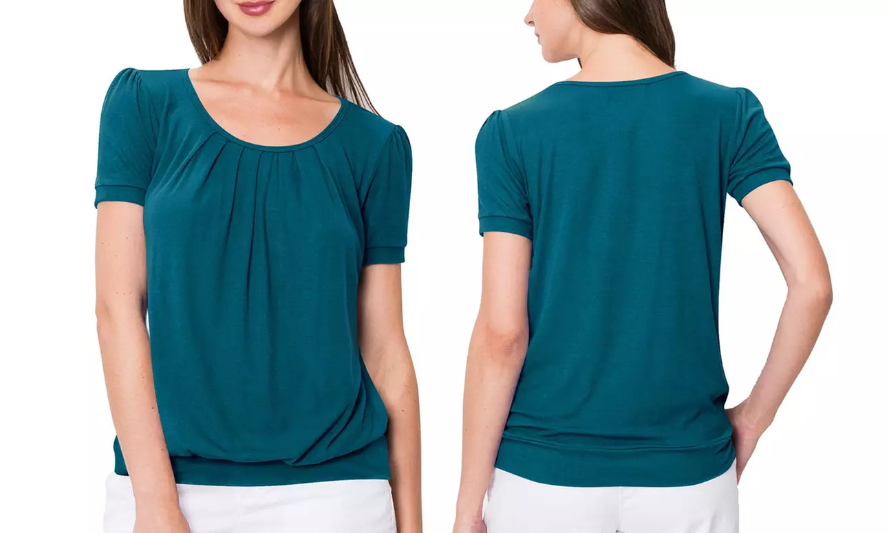 Made by Johnny Women's Scoop Neck Short Sleeve Front Pleated Blouse