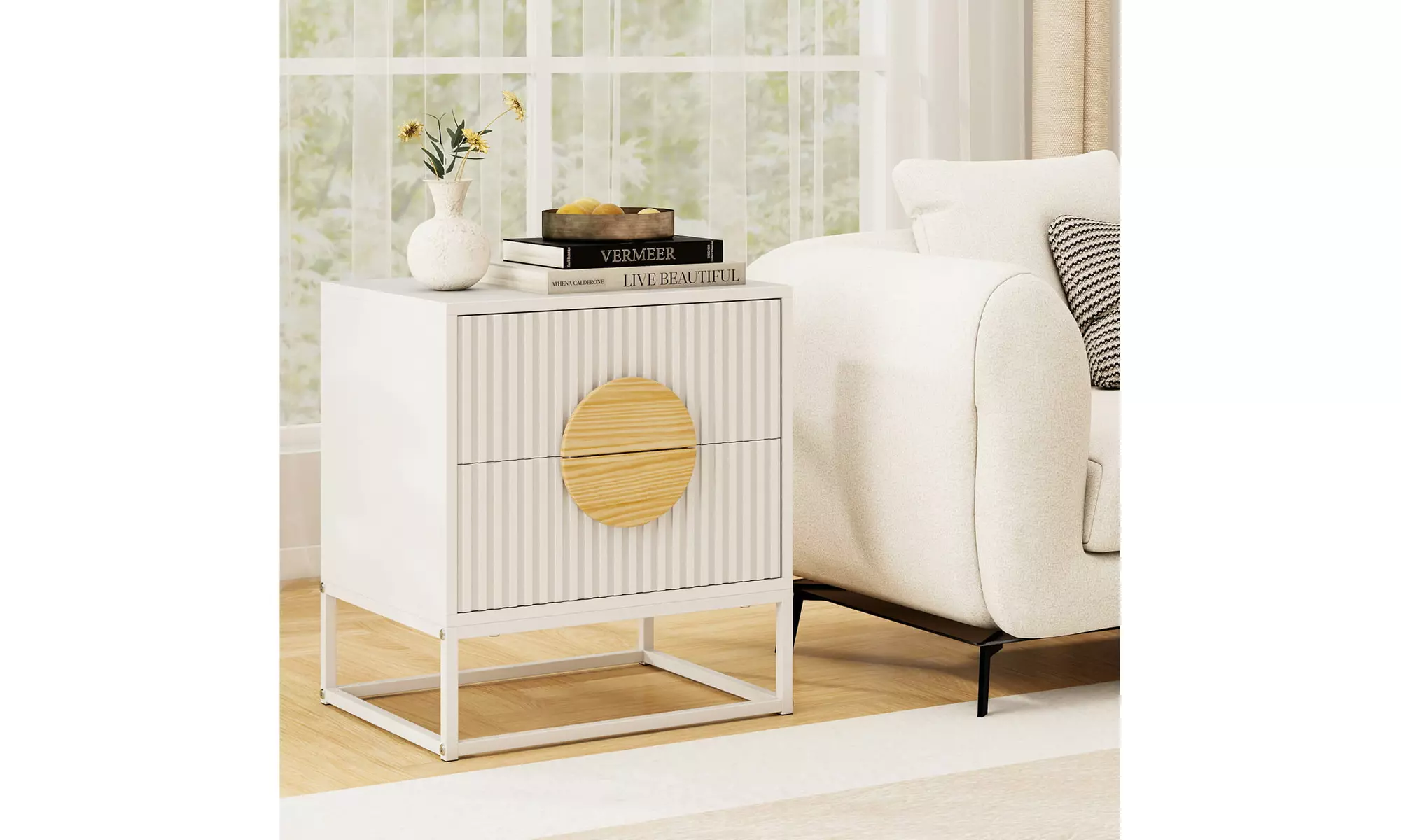 Costway Fluted Nightstand with 2 Drawers with Pine Wood Handles & Metal Frame