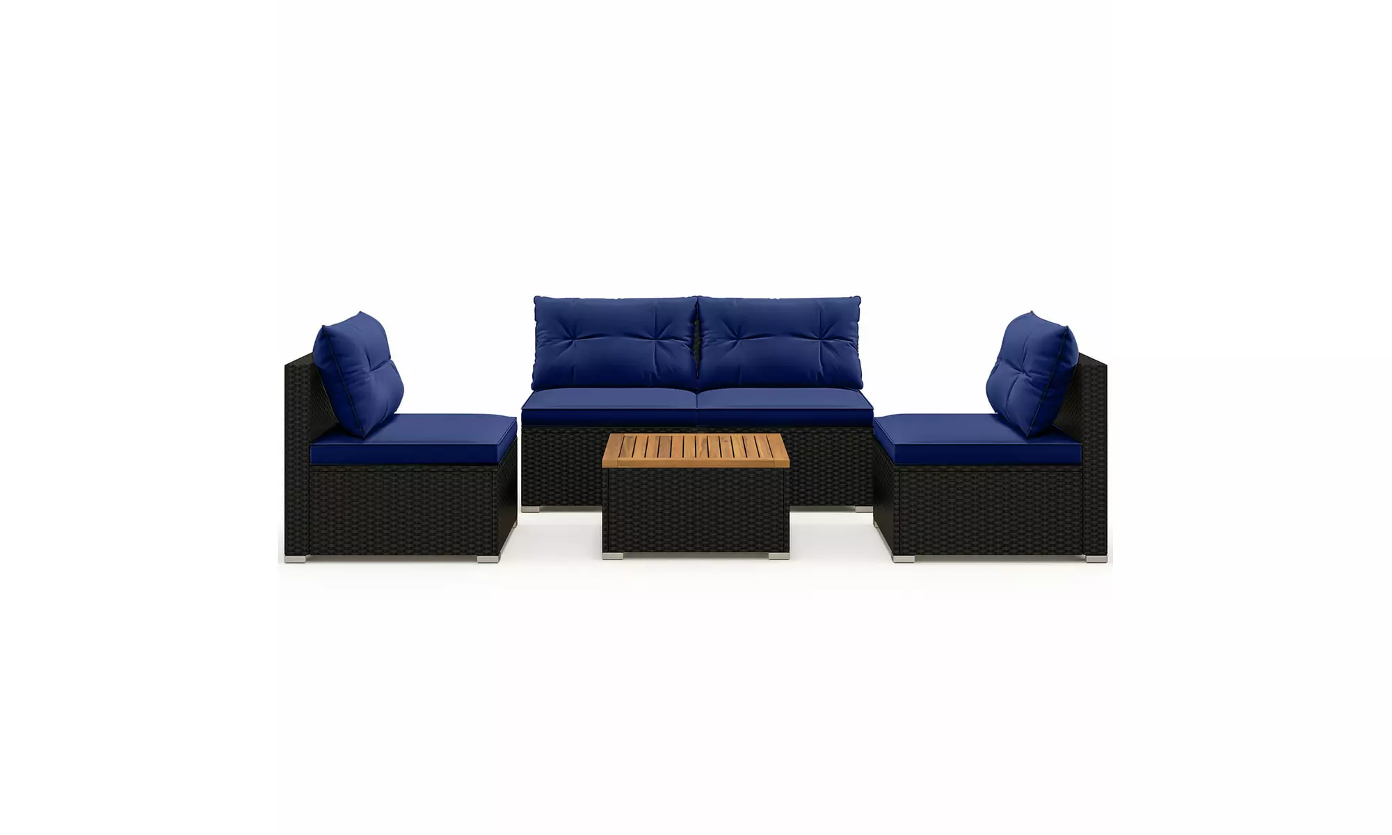 5 Piece Patio Rattan Furniture Set Acacia Wood Table Top Sofa Cushion Deck