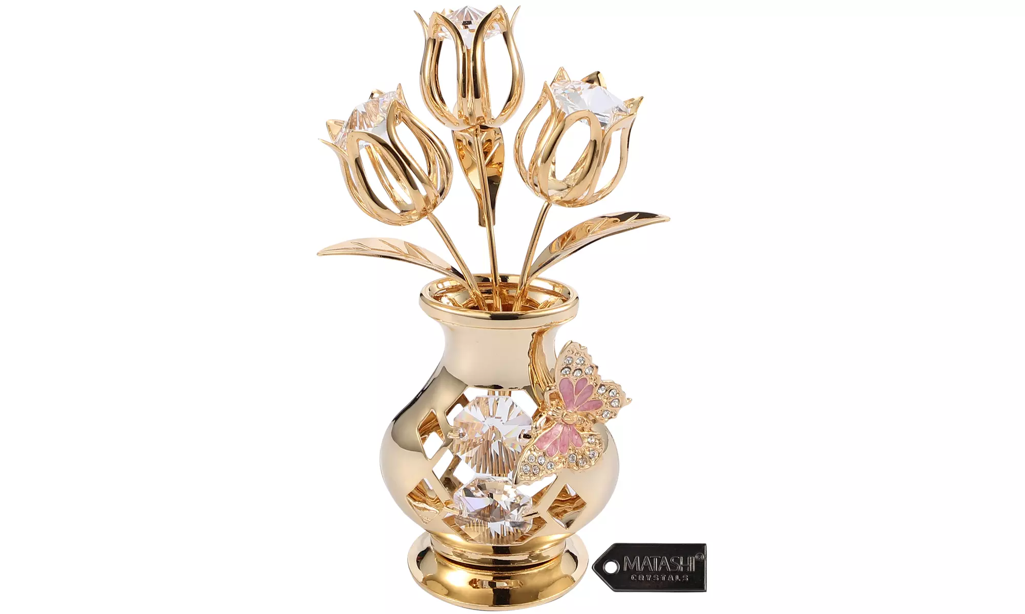 24K Gold Plated Crystal Studded Flower Ornament in Vase w/ Decorative Butterfly - Primary Image
