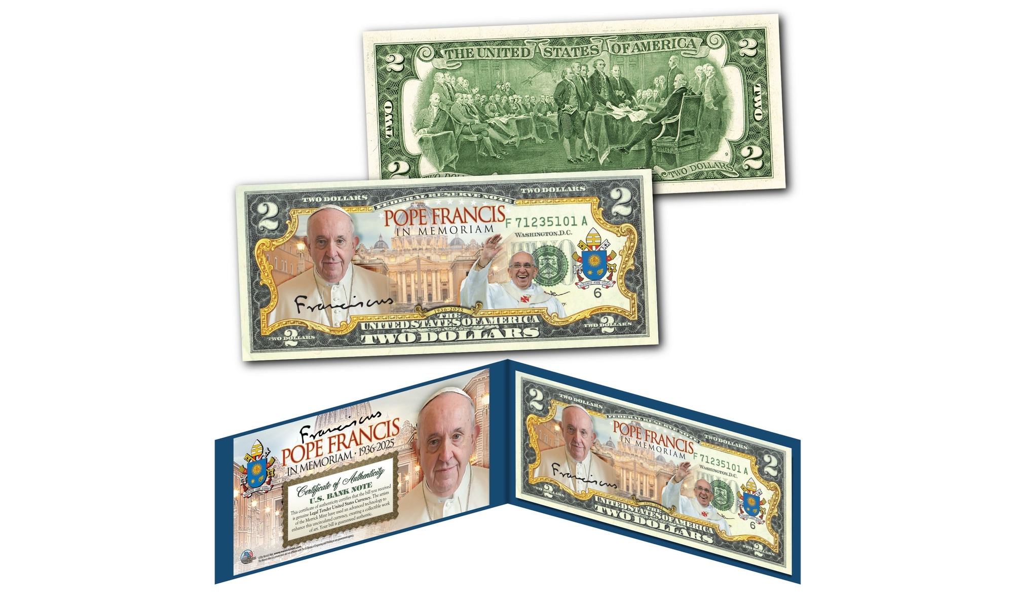 POPE FRANCIS In Memoriam 1936-2025 Genuine U.S. 2.00 Dollar Bill