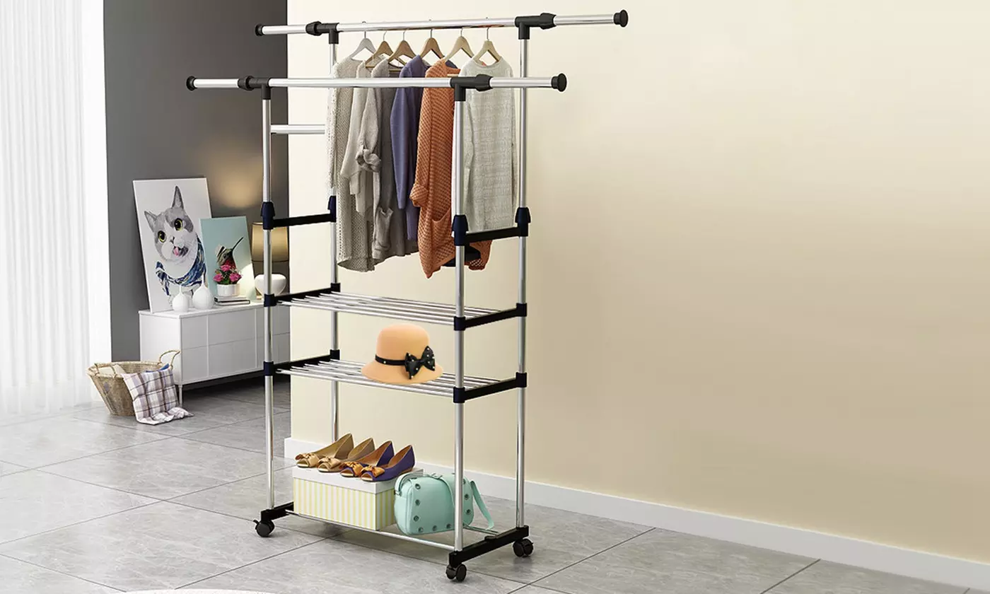 NewHome Extendable Double Rail Rolling Clothes Garment Hanging Rack w/ 3 Shelves - Primary Image