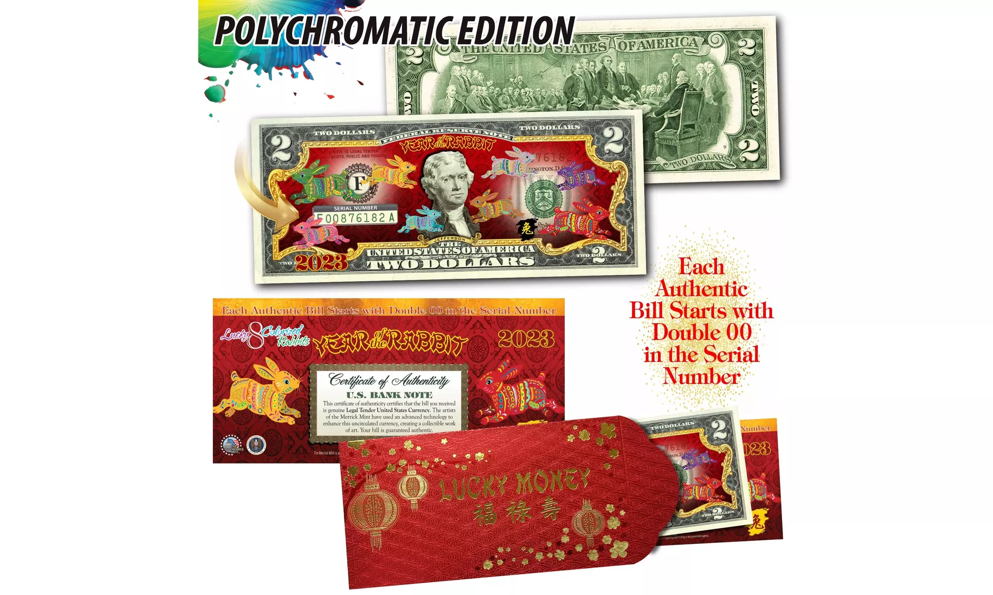 2023 Chinese New Year 8 Polychrome Rabbits 2 Dollar Bill w/Red Envelope - Second Medium