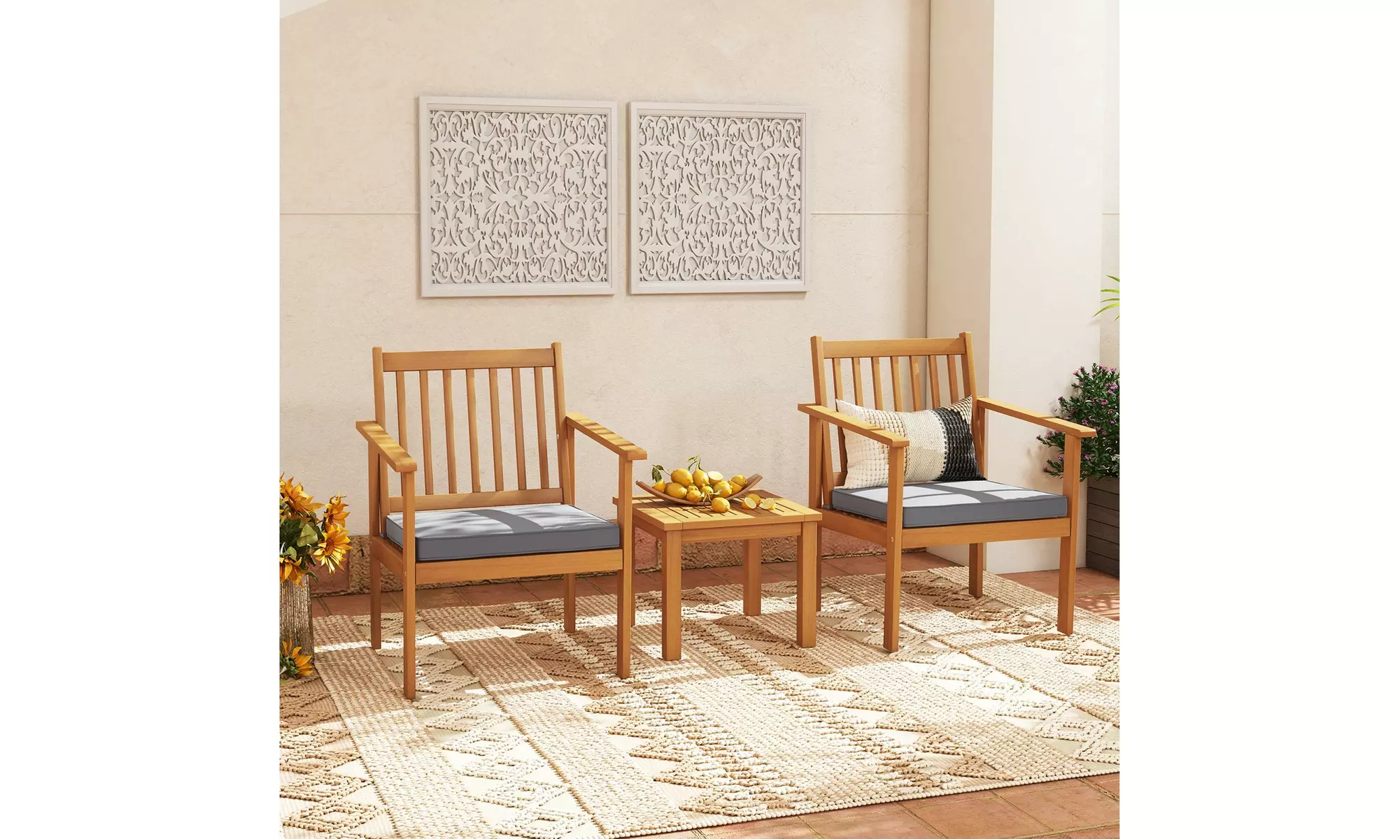 Costway 3 PCS Patio Wood Furniture Set Acacia Wood Chairs & Coffee Table