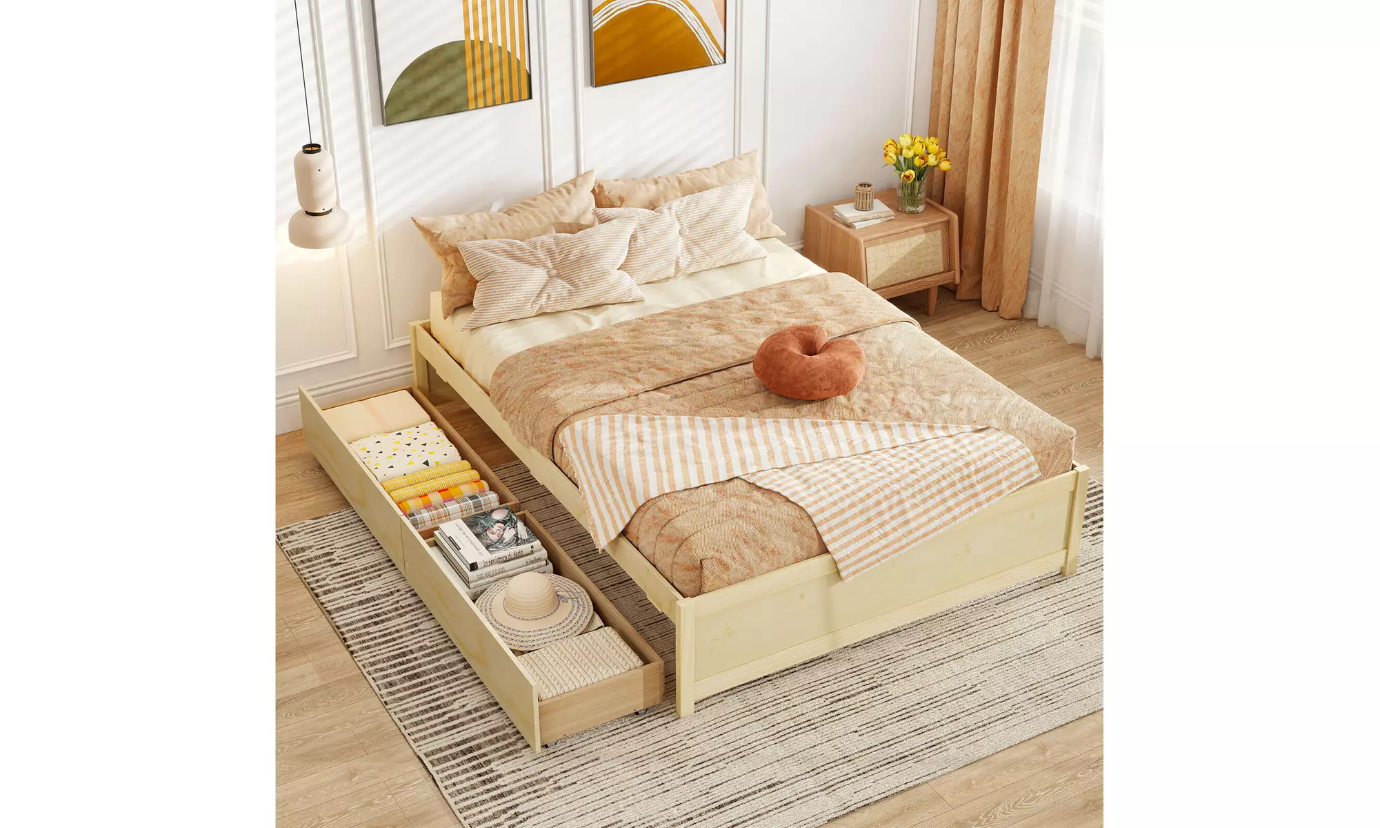 Costway Wooden Platform Bed Frame with 2 Rolling Storage Drawers