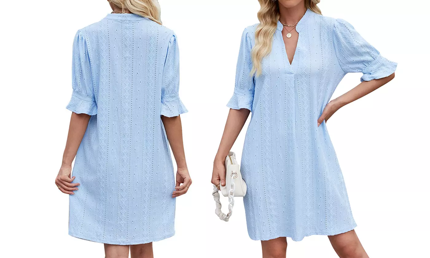 Women's V Neck Ruffled Half Sleeves Shift Dress Flowy Summer Beach Cover Up