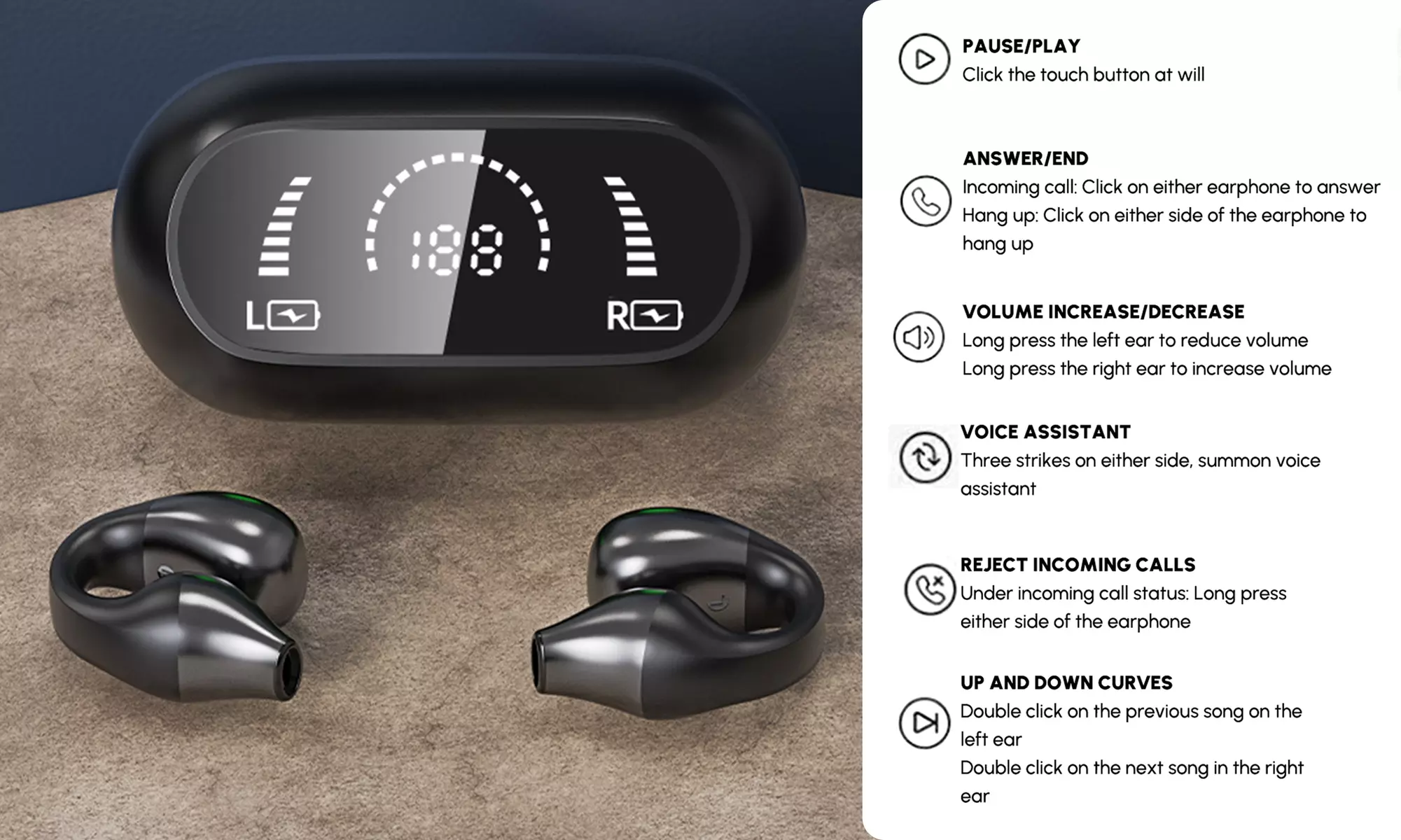 Open Ear Clip Bone Conduction Earbuds Bluetooth 5.3 Wireless Noise Reduction