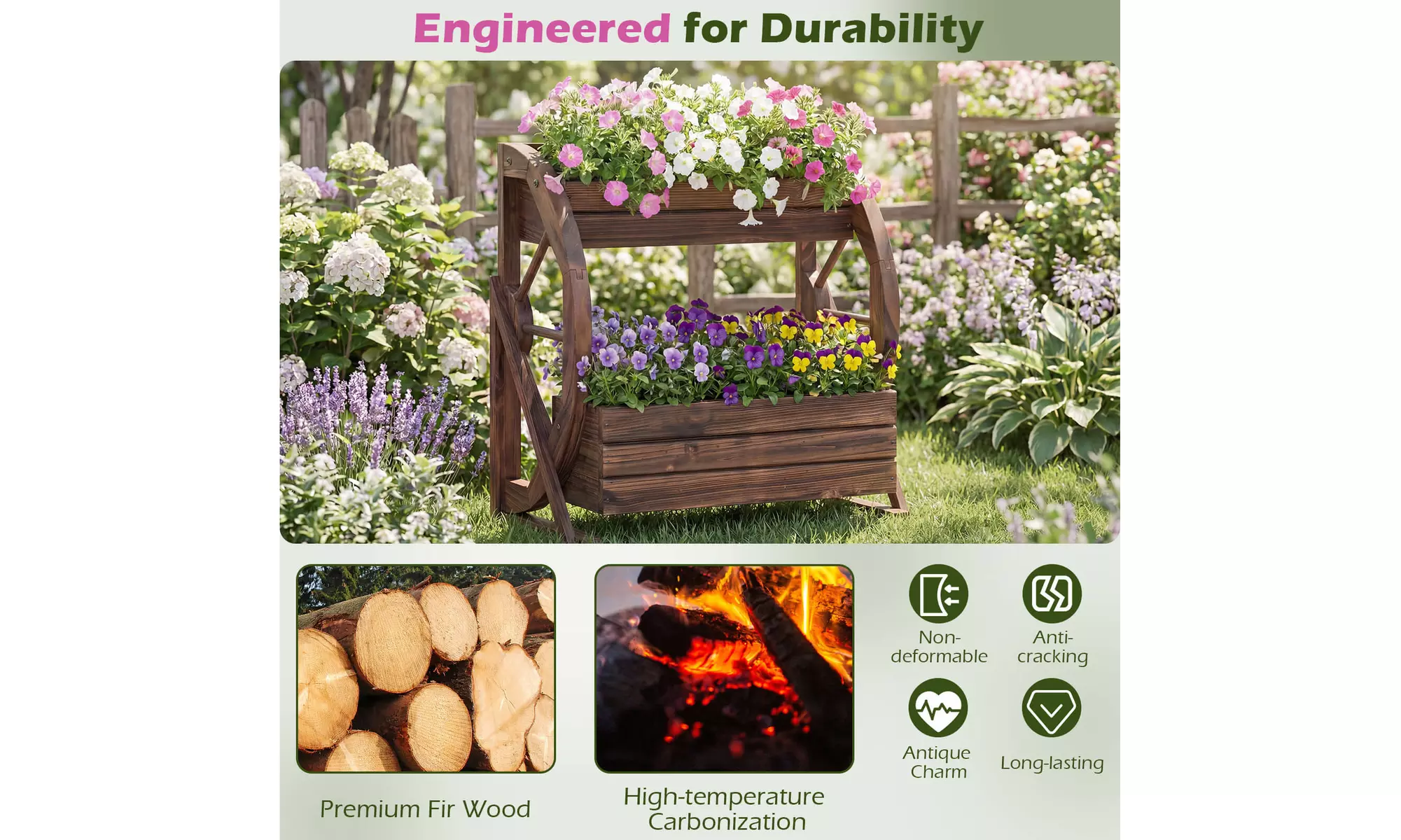 Costway 2-Tier Rustic Wooden Wagon Planter Box with Drainage Holes