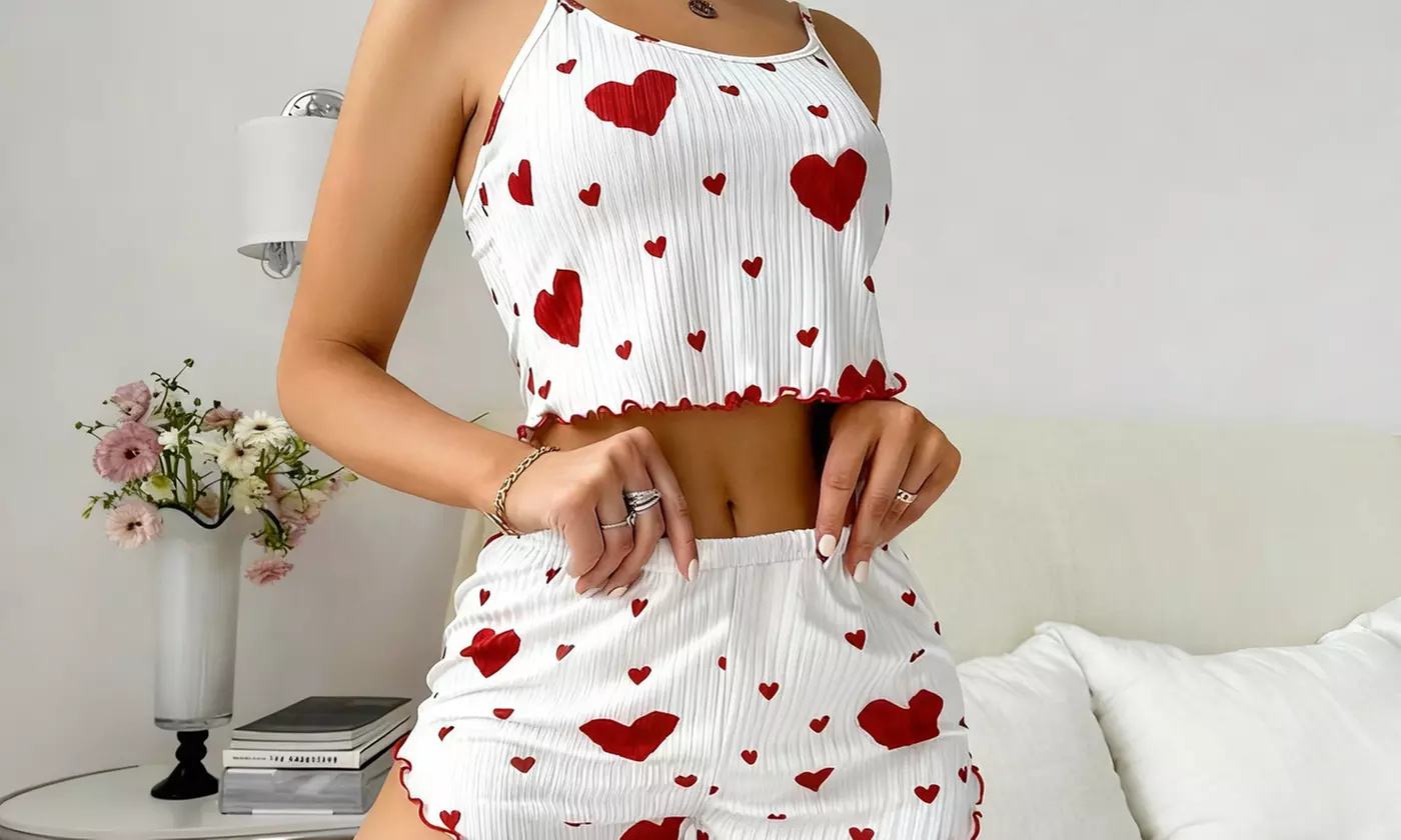 Women 2-Piece Cute Heart Print Pajama Set Cami Top & Shorts Summer Sleepwear