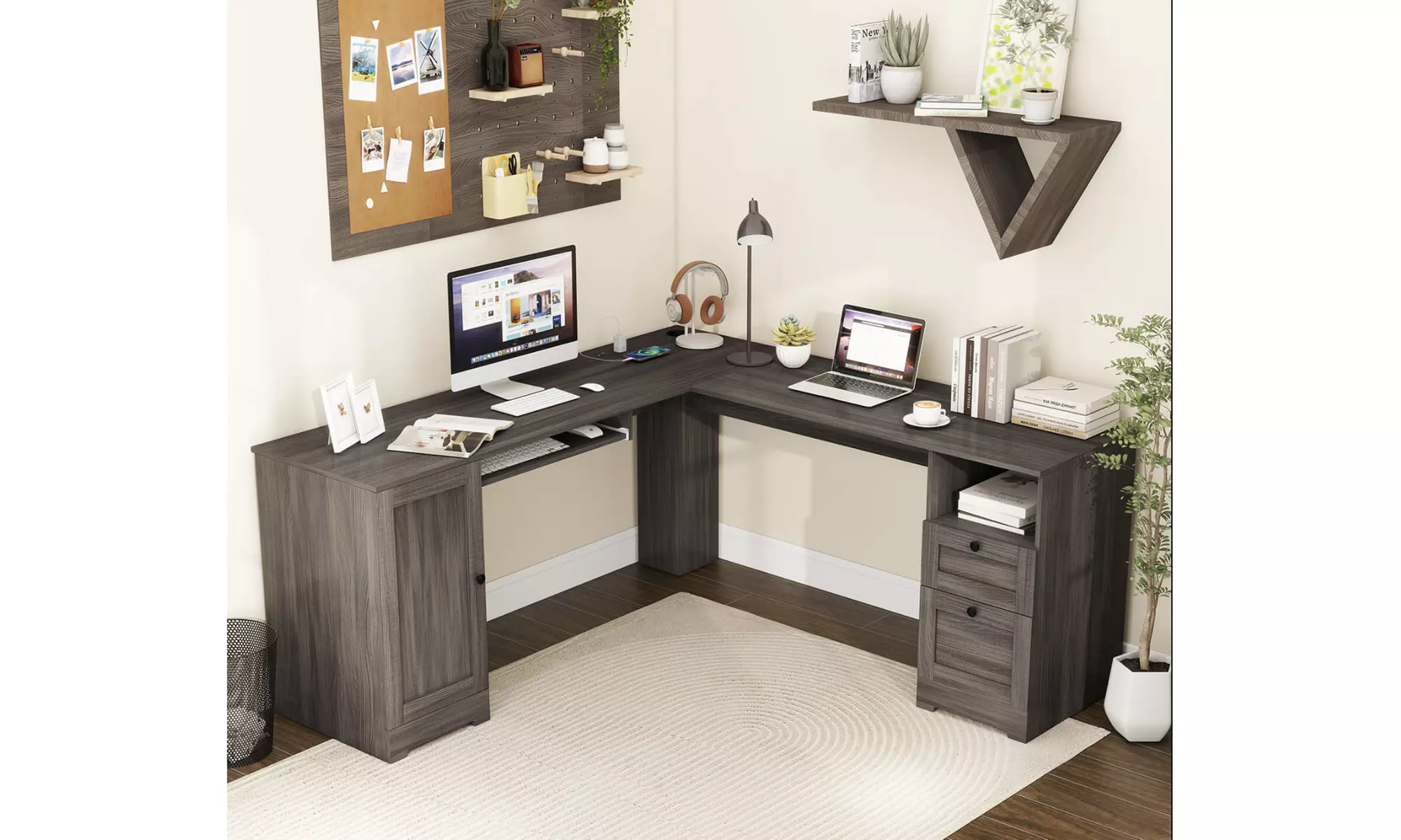 L-Shaped Corner Computer Desk with Drawers, Study Table with Storage