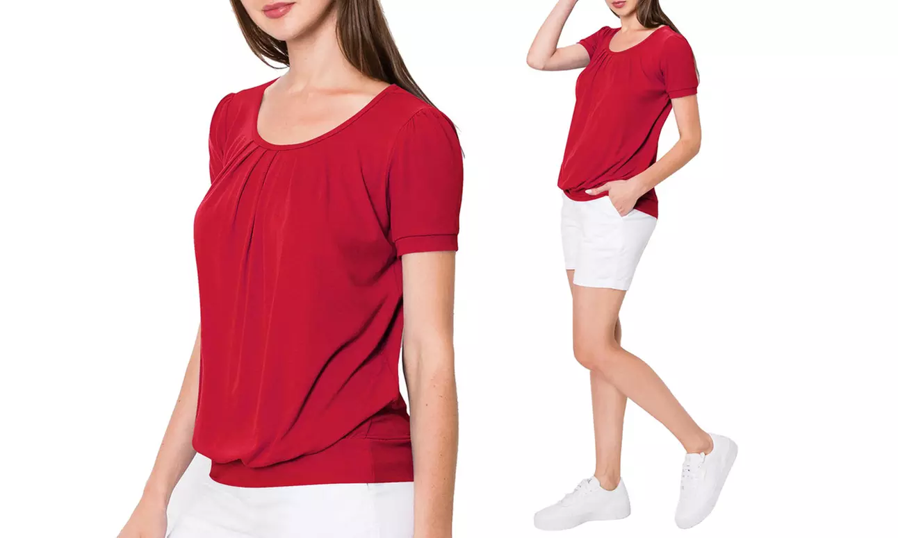 Made by Johnny Women's Scoop Neck Short Sleeve Front Pleated Blouse