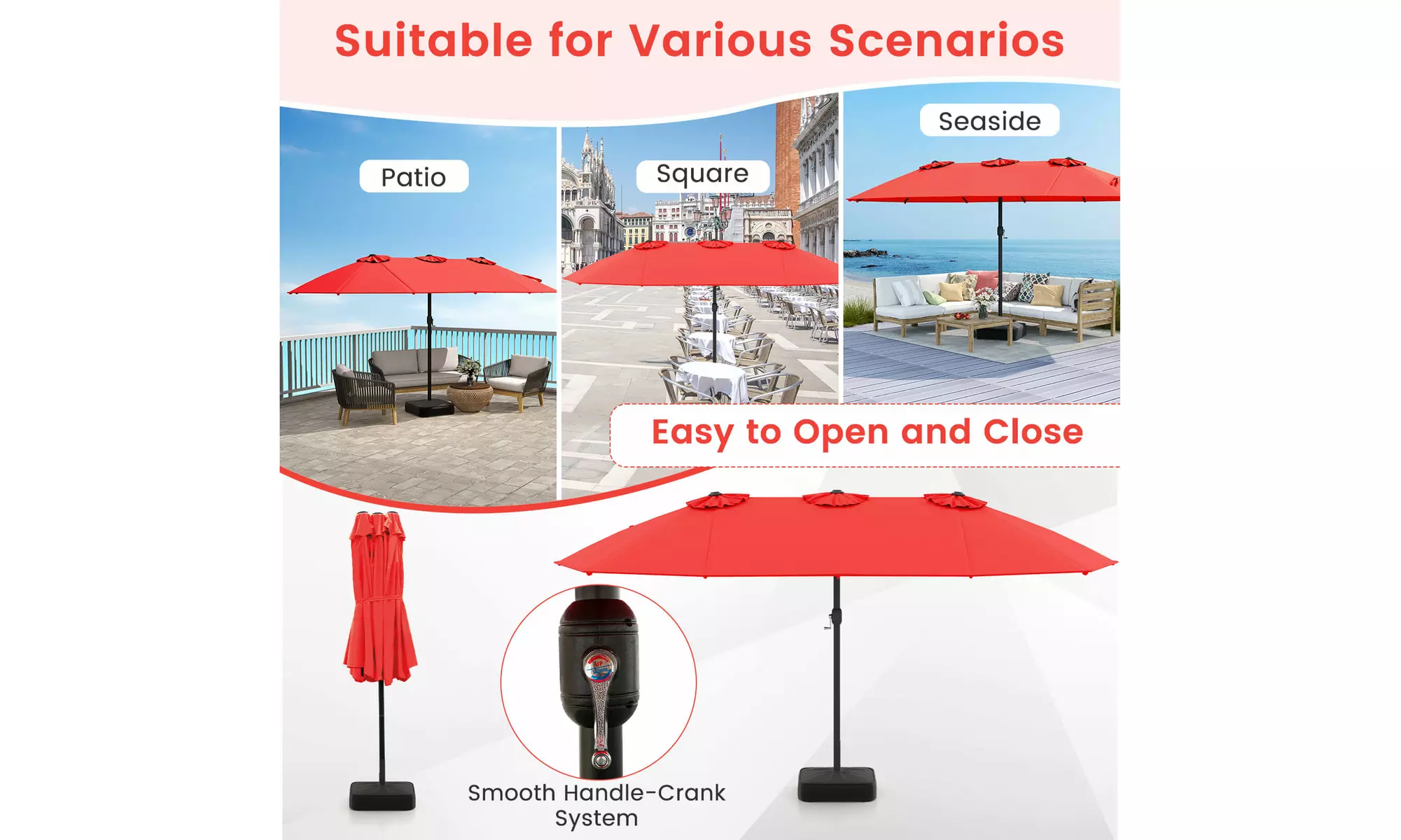 15FT Double-Sided Twin Patio Umbrella Sun Shade Outdoor Crank Market