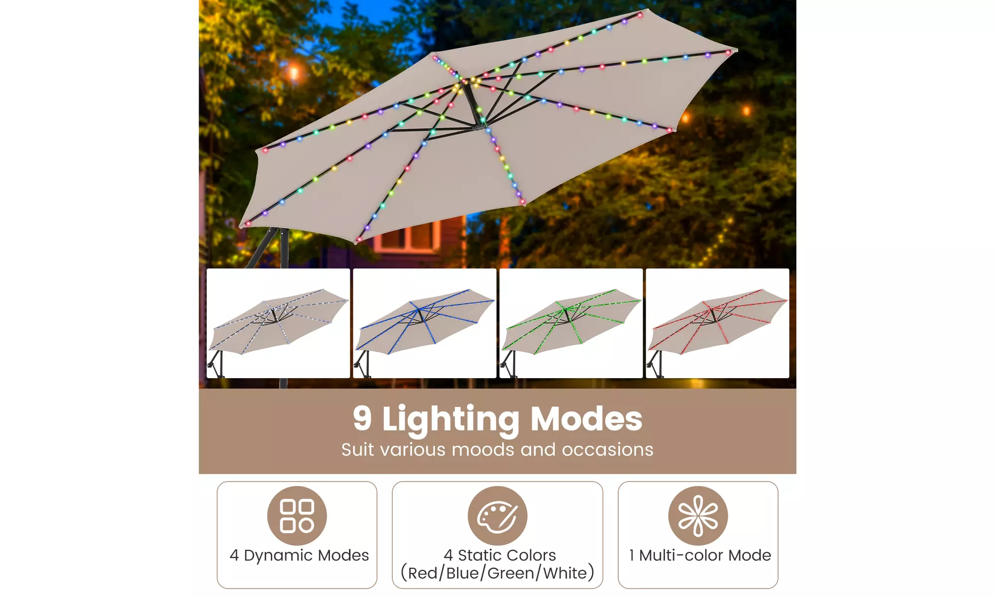 Costway 10 FT Solar Offset Hanging Umbrella with Base