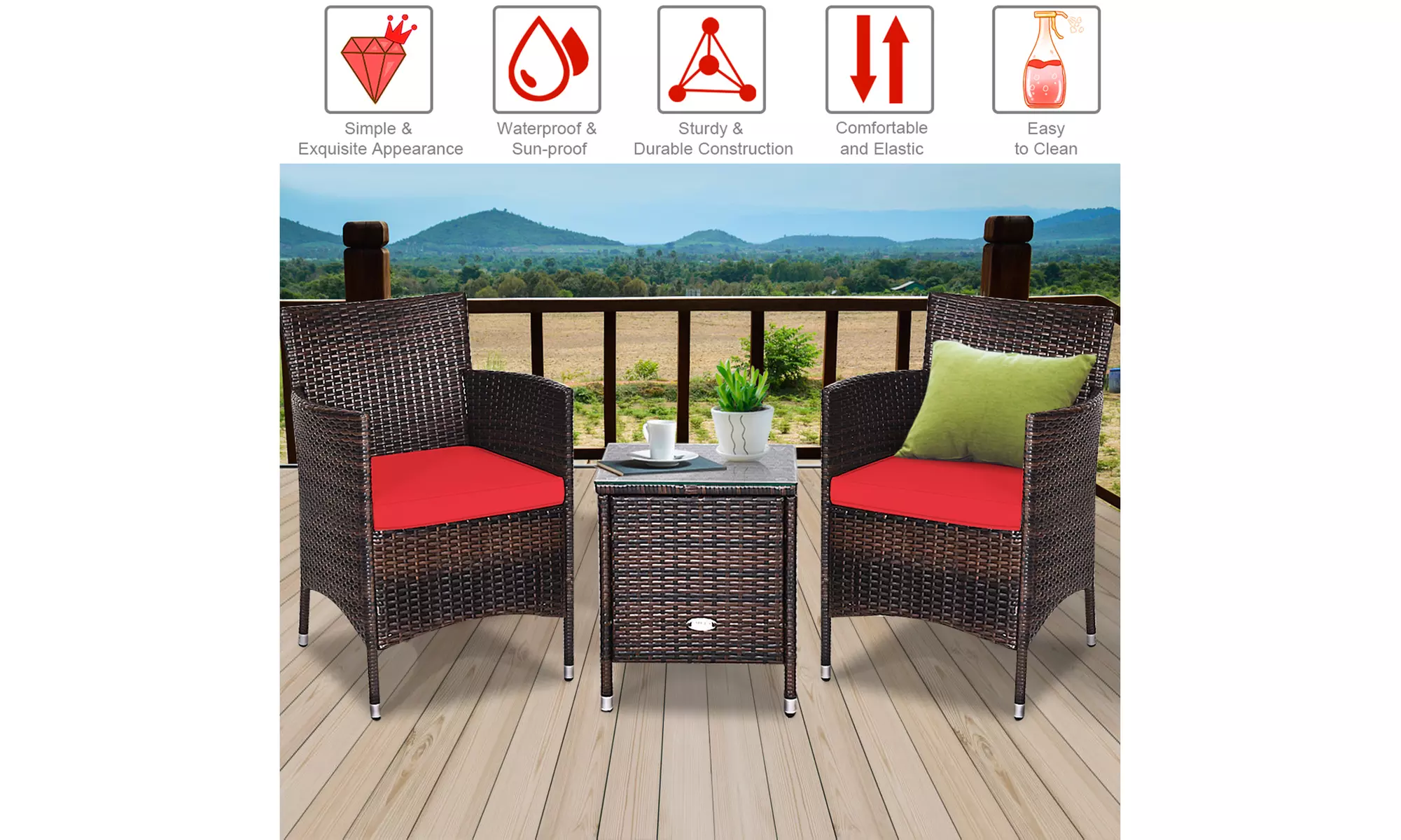 Costway Outdoor 3 PCS PE Rattan Wicker Furniture Sets Chairs Coffee Table Garden