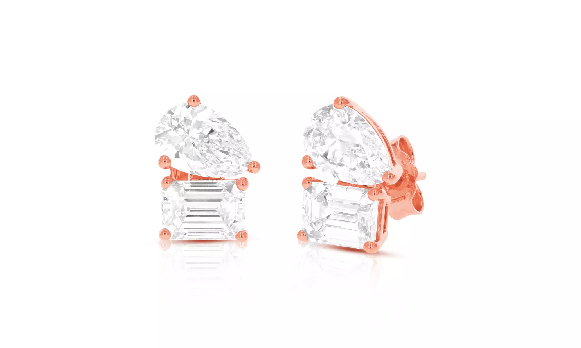 Lab Grown Diamond Stud Earrings Emerald and Pear Shape 14K Gold with Push Backs