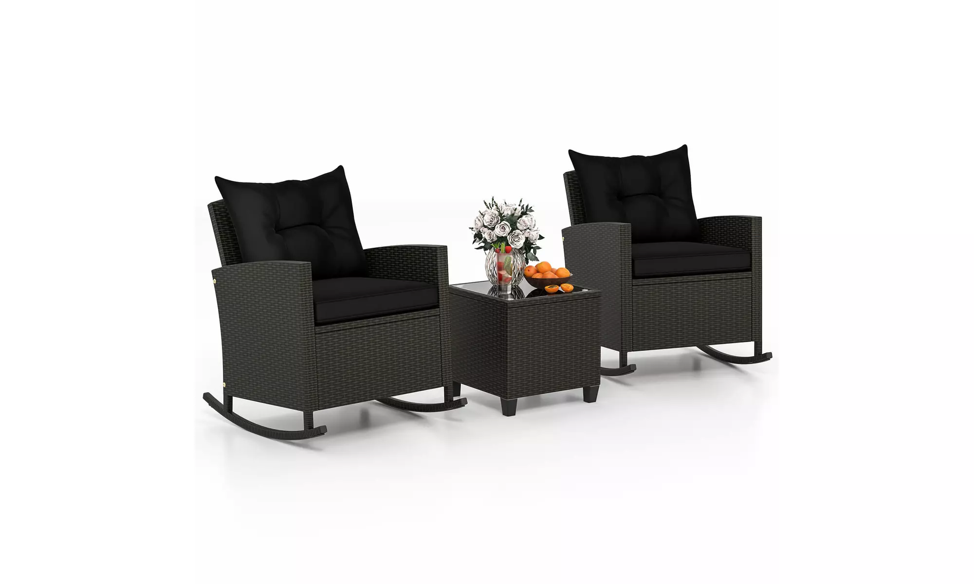 Costway 3 PCS Patio Wicker Rocking Set with Tempered Glass Table & Soft Cushions