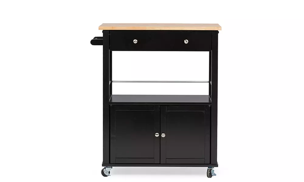 Closeout: Denton Contemporary Black Kitchen Cart with Wood Top - Primary Image