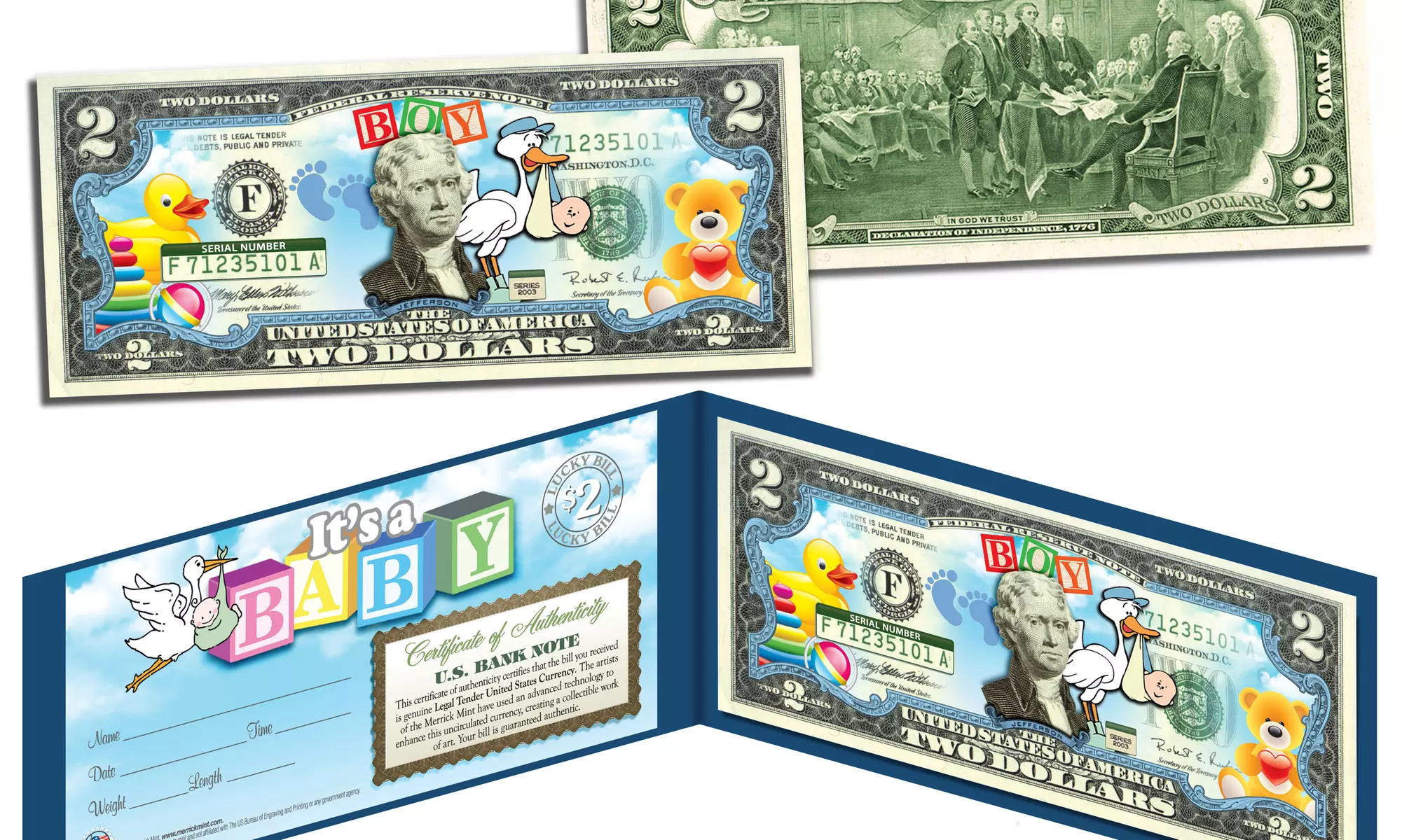 IT'S A BOY/GIRL Birth Announcement Baby Gift Legal Tender Two-Dollar Bill