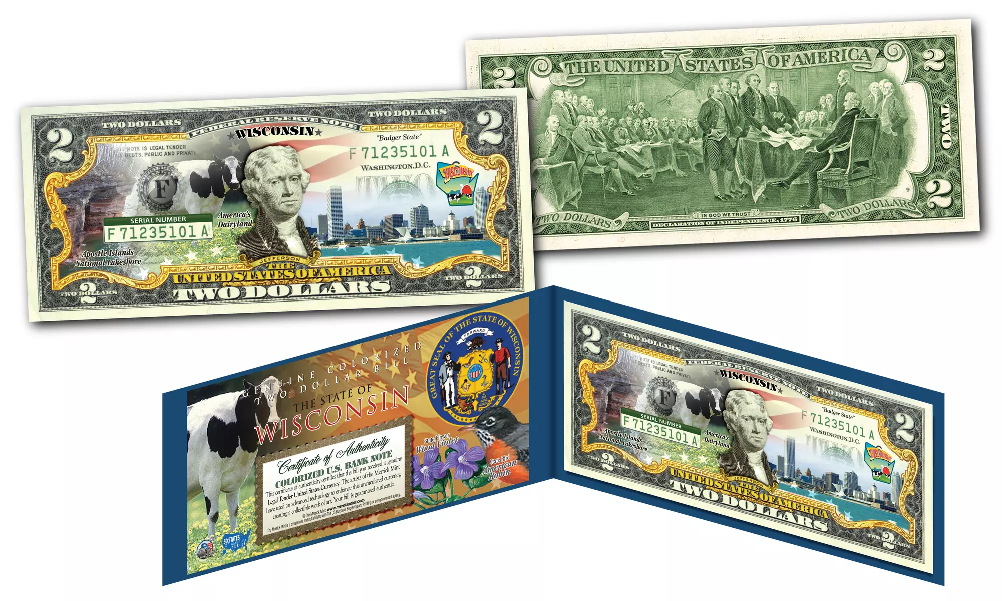 Official Genuine Legal Tender U.S. 2 Dollar Bills Honoring America's 50 States 