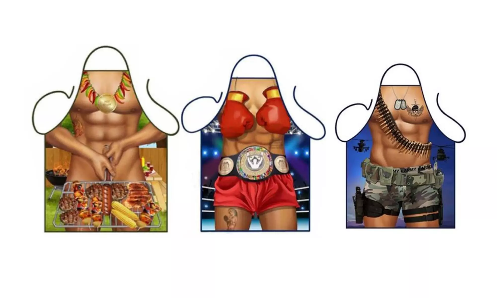 Funny Kitchen Aprons - Boxing Champion, Barbecue Man, Birthday Boy, & Camo Army - Primary Image