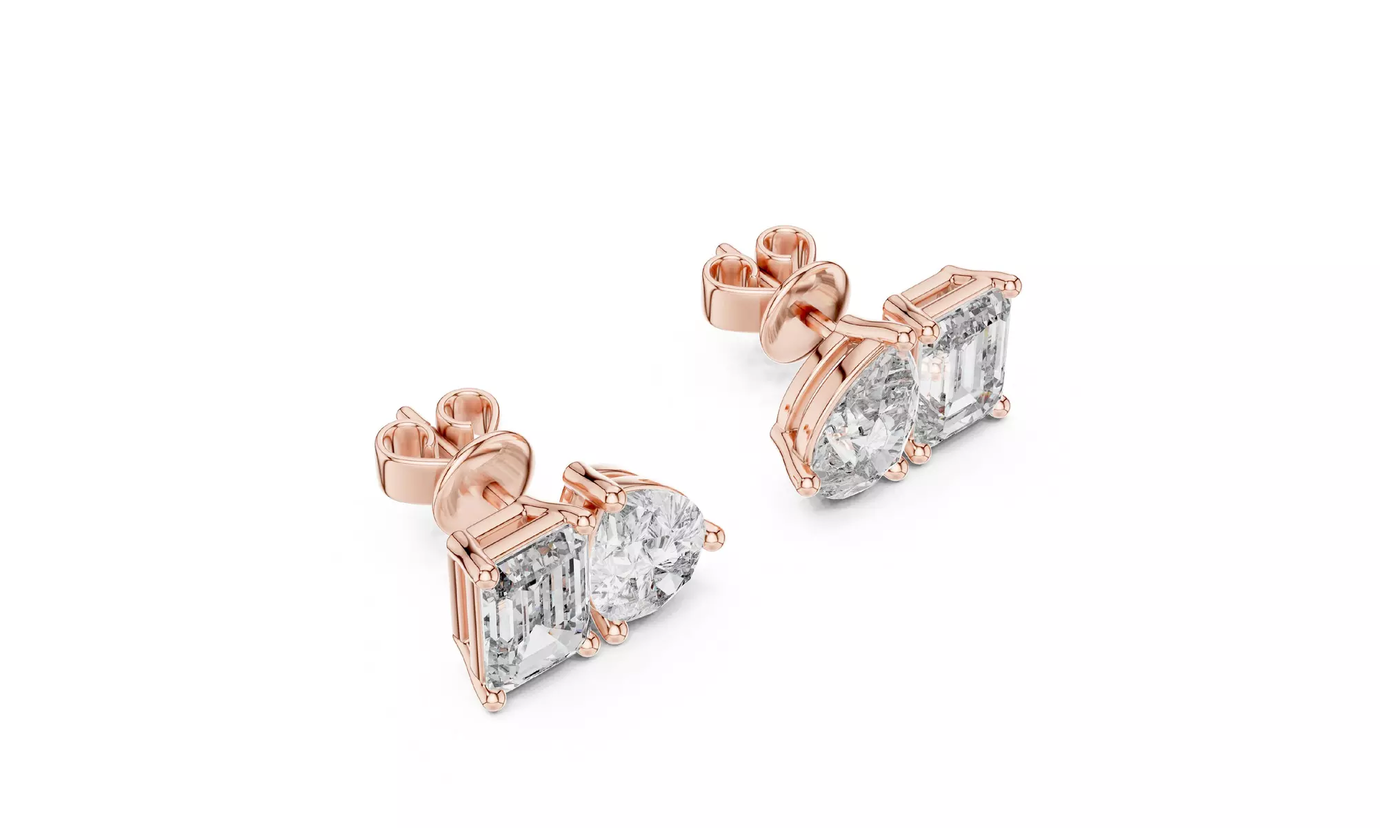 Lab Grown Diamond Stud Earrings Emerald and Pear Shape 14K Gold with Push Backs