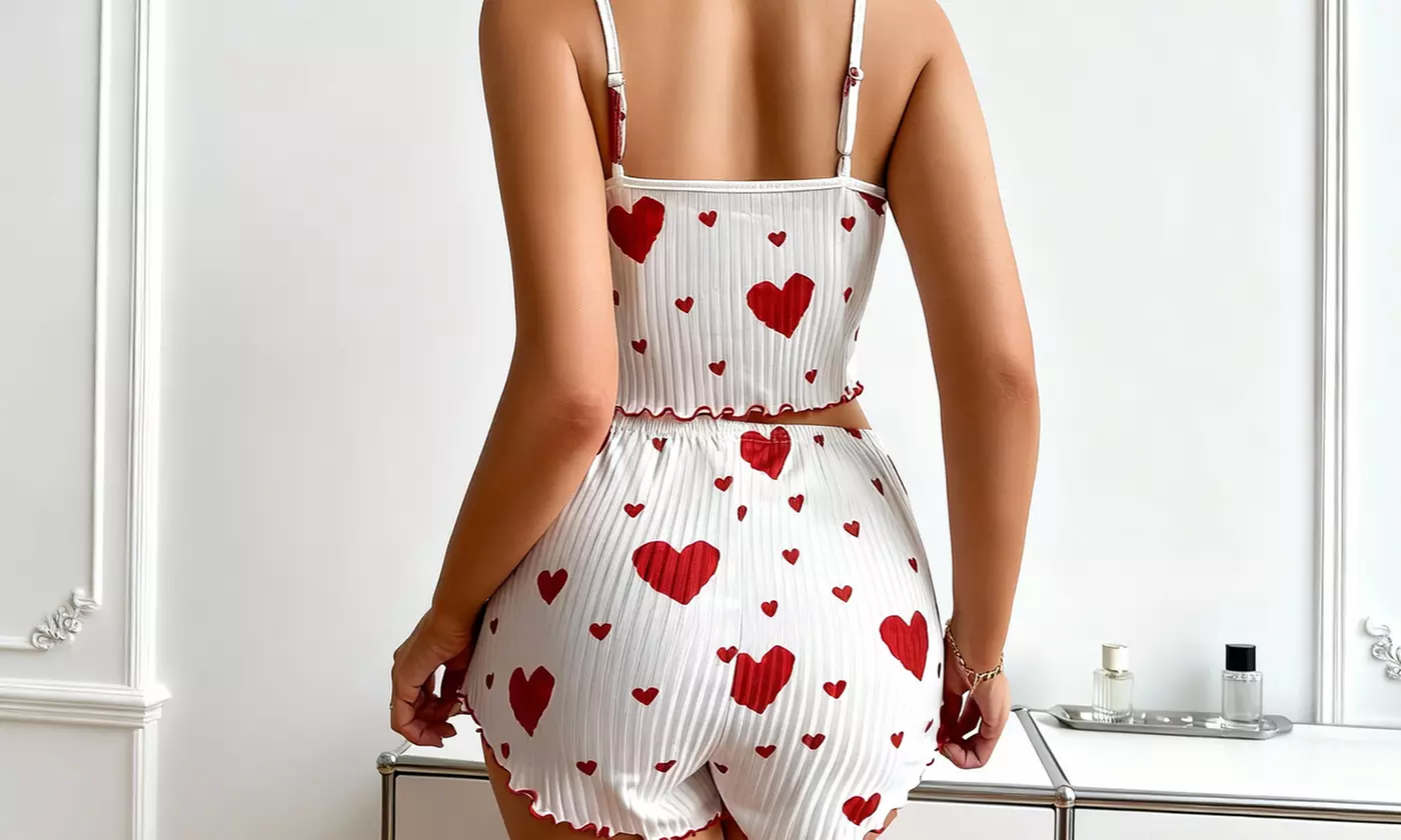 Women 2-Piece Cute Heart Print Pajama Set Cami Top & Shorts Summer Sleepwear