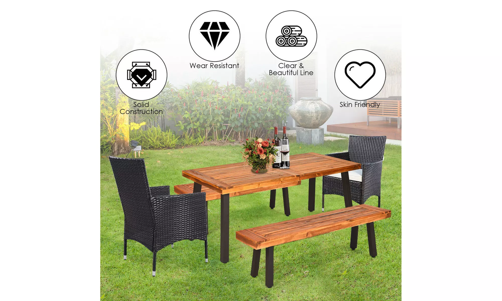 5 -Piece Acacia Wood Dining Set w/2 Wicker Chair 2 Bench Umbrella Hole