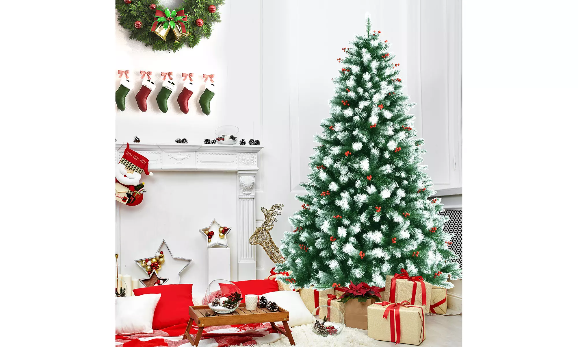 7ft Unlit Hinged Artificial Christmas Tree w/ Snow Flocked Tips and Red Berries - Primary Image