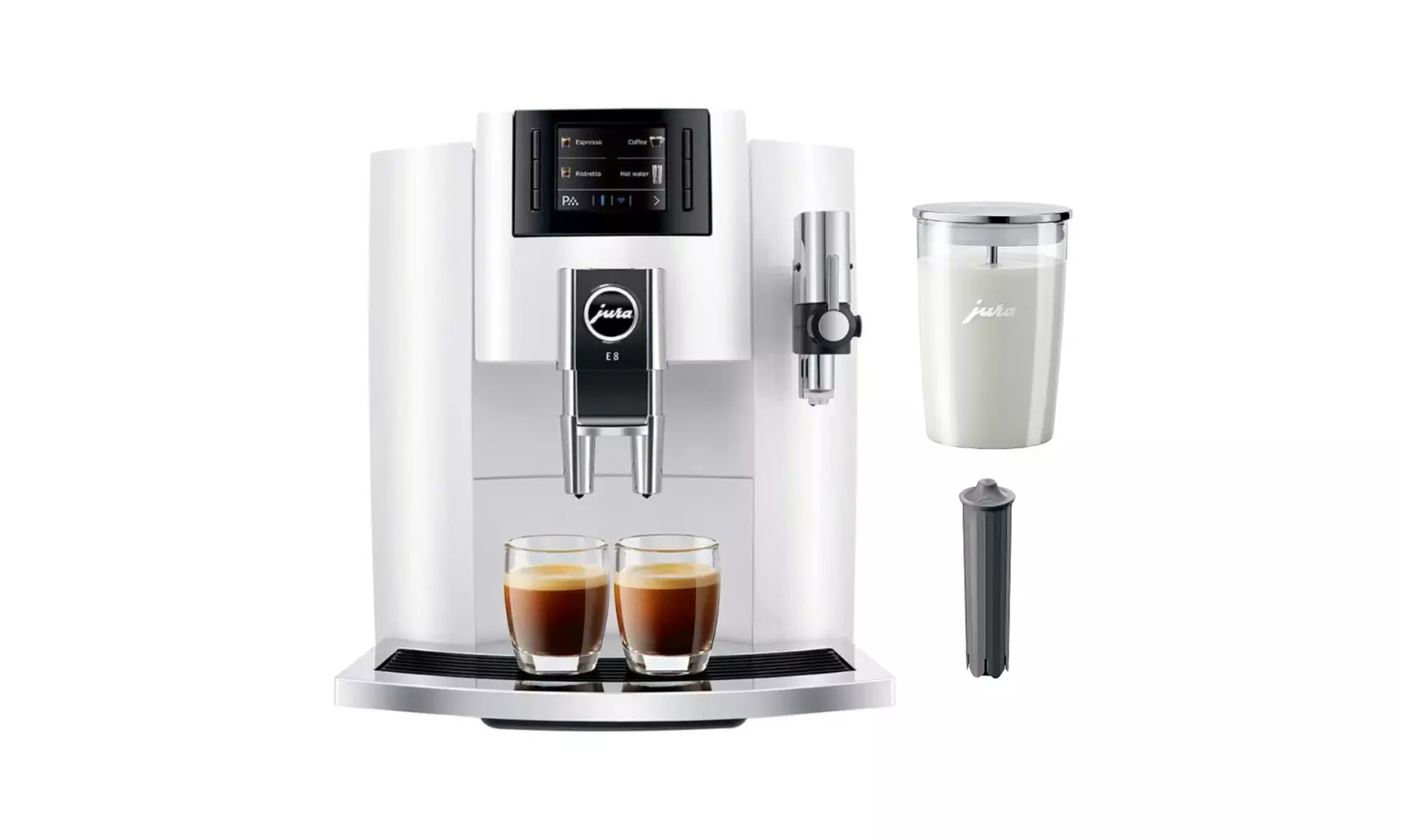 Jura E8 Automatic Espresso Machine (Piano White) w/ Milk Container and Filter - Primary Image