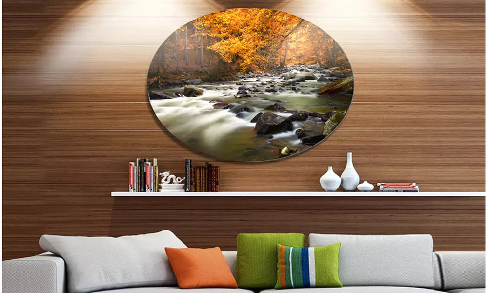 Autumn Terrai With Trees and River' Landscape Metal Circle Wall Art - Primary Image